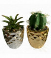 Planters Set of Two Silver and Gold Ceramic Artificial Cactus Dracaena