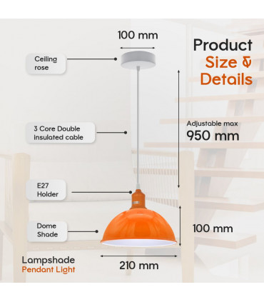 2Pack Dome Shaped Orange Loft Style Sturdy Metal Lamp Shade Pendant Lights 21cm Bottom Spray Painted Finish Inner White