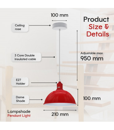 2Pack Dome Shaped Red Loft Style Sturdy Metal Lamp Shade Pendant Lights 21cm Bottom Spray Painted Finish Inner White
