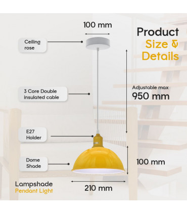 Ceiling/pendant lamp 21cm Yellow Sturdy Metal Dome Shaped Spray Painted Finish