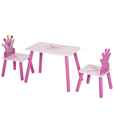 3 Pcs Kids Princess & Crown Chair Table Set Pink and Pine Wood 42H x 55L x 34Wcm