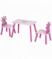 3 Pcs Kids Princess & Crown Chair Table Set Pink and Pine Wood 42H x 55L x 34Wcm