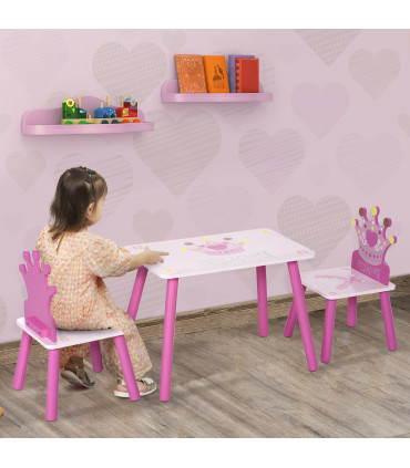 3 Pcs Kids Princess & Crown Chair Table Set Pink and Pine Wood 42H x 55L x 34Wcm