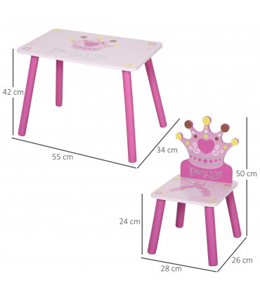 3 Pcs Kids Princess & Crown Chair Table Set Pink and Pine Wood 42H x 55L x 34Wcm
