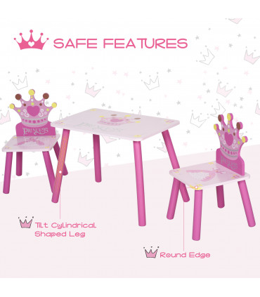 3 Pcs Kids Princess & Crown Chair Table Set Pink and Pine Wood 42H x 55L x 34Wcm
