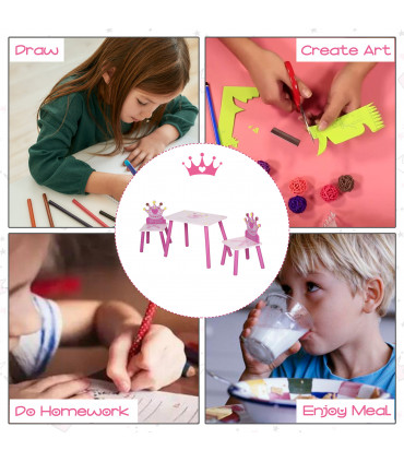 3 Pcs Kids Princess & Crown Chair Table Set Pink and Pine Wood 42H x 55L x 34Wcm