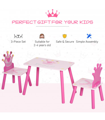 3 Pcs Kids Princess & Crown Chair Table Set Pink and Pine Wood 42H x 55L x 34Wcm