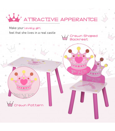 3 Pcs Kids Princess & Crown Chair Table Set Pink and Pine Wood 42H x 55L x 34Wcm
