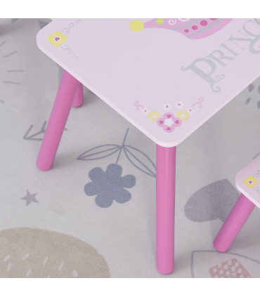 3 Pcs Kids Princess & Crown Chair Table Set Pink and Pine Wood 42H x 55L x 34Wcm