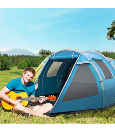 3-4 Persons Tunnel Tent, Two Room Camping Tent w/ Windows, Blue