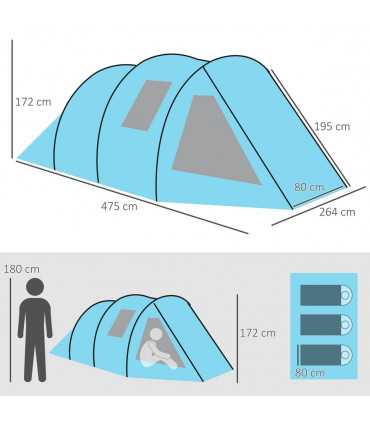 3-4 Persons Tunnel Tent, Two Room Camping Tent w/ Windows, Blue