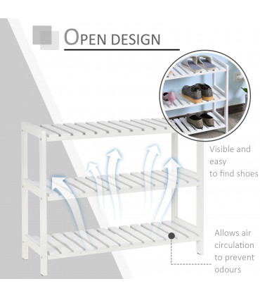 Shoe Rack 3-Tier Wood Frame Open Hygienic Storage 57x70cm White Pine MDF