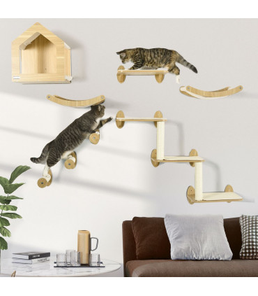 8 Piece Cat Shelves Set with Condo, 3 Perches, 3 Scratching Posts, Steps, Beige