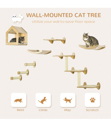 8 Piece Cat Shelves Set with Condo, 3 Perches, 3 Scratching Posts, Steps, Beige