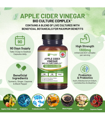 Apple Cider Vinegar with Bio Cultures Complex 1300mg 180 capsules I Vegan I Made in UK by Prowise