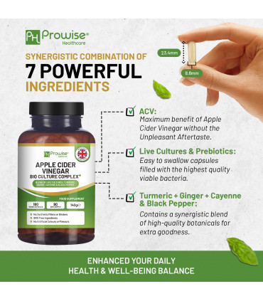 Apple Cider Vinegar with Bio Cultures Complex 1300mg 180 capsules I Vegan I Made in UK by Prowise