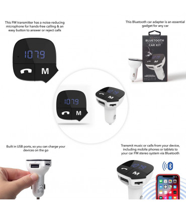 Aquarius Bluetooth Car Adapter FM Transmitter Hands-free Calling Car Kit, White