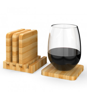 Bamboo Coasters Set of 4 Natural Wood Square Drink Coaster with Holder