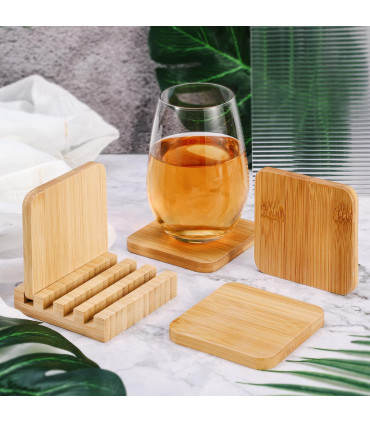 Bamboo Coasters Set of 4 Natural Wood Square Drink Coaster with Holder