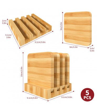 Bamboo Coasters Set of 4 Natural Wood Square Drink Coaster with Holder