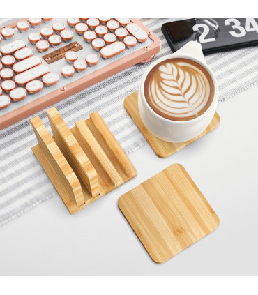 Bamboo Coasters Set of 4 Natural Wood Square Drink Coaster with Holder