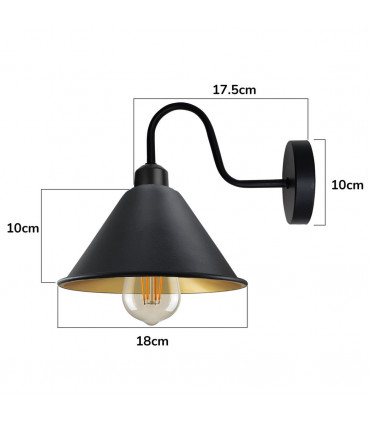 Wall Light Black Gold Inner Vintage Cone Shape Shade E27 Base 18cm Metal