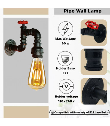 Vintage Retro Lamp Wall Light E27 60W Dimmable Black Metal Water Pipe Sconce