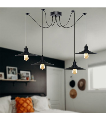 Pendant Light Black Vintage 4 Head Cone shaped shade Ceiling Pendant Light