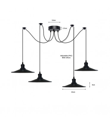 Pendant Light Black Vintage 4 Head Cone shaped shade Ceiling Pendant Light
