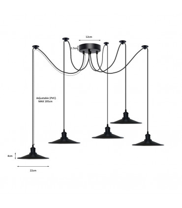 5 Head Cone shaped shade Ceiling Pendant Light Fitting Metal Adjustable Cord