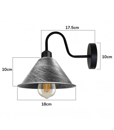 Wall Lamp Brushed Silver Vintage Wall Light Fixture Black E27 Socket 18cm Metal