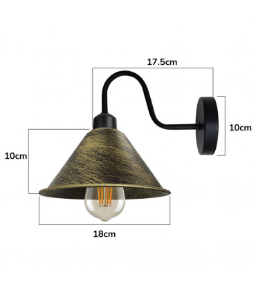 Wall Lamp Brushed Brass Vintage Wall Light Fixture Black E27 Cone Shape Shade