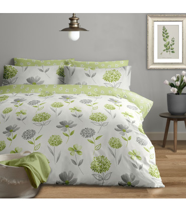 Duvet Set Green Grey Floral White Green Reverse 200 Thread Count Cotton Rich