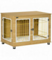 Dog Crate Furniture End Table Soft Cushion Double Door Oak-tone Beige Steel