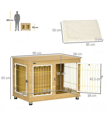 Dog Crate Furniture End Table Soft Cushion Double Door Oak-tone Beige Steel