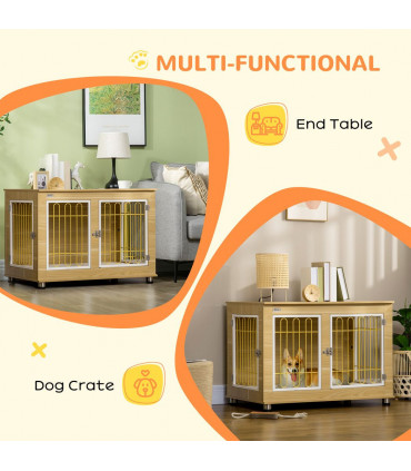 Dog Crate Furniture End Table Soft Cushion Double Door Oak-tone Beige Steel