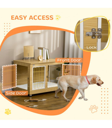 Dog Crate Furniture End Table Soft Cushion Double Door Oak-tone Beige Steel