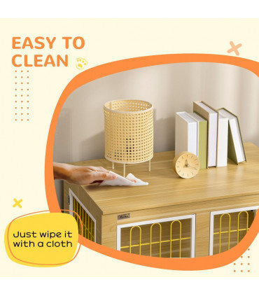 Dog Crate Furniture End Table Soft Cushion Double Door Oak-tone Beige Steel