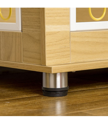 Dog Crate Furniture End Table Soft Cushion Double Door Oak-tone Beige Steel