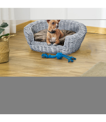 Elevated Pet Bed Grey Willow Rattan 57L x 46W x 17.5H cm Cozy Comfort Soft Sleep