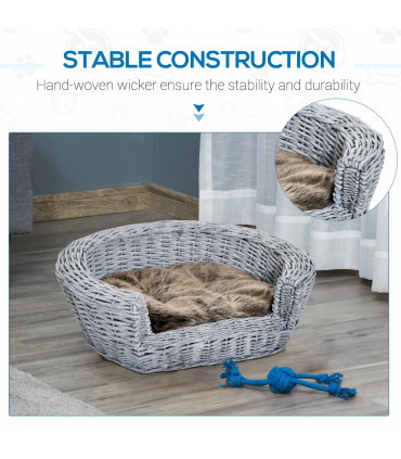 Elevated Pet Bed Grey Willow Rattan 57L x 46W x 17.5H cm Cozy Comfort Soft Sleep