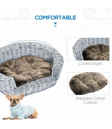 Elevated Pet Bed Grey Willow Rattan 57L x 46W x 17.5H cm Cozy Comfort Soft Sleep