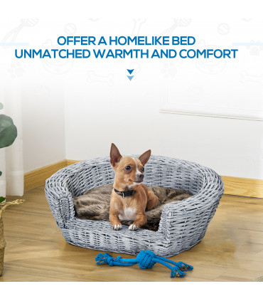 Elevated Pet Bed Grey Willow Rattan 57L x 46W x 17.5H cm Cozy Comfort Soft Sleep