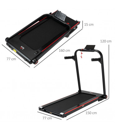 Electric Folding Treadmill Black Steel 150cm x 77cm x 120cm LED Monitor Wheels