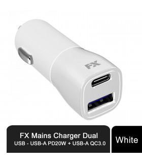 FX Mains Charger Dual USB, USB-A PD20W + USB-A QC3.0 Fast Charger - White
