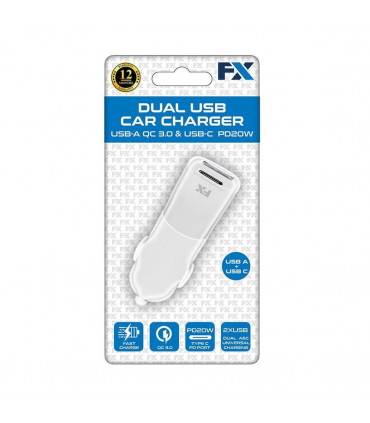 FX Mains Charger Dual USB, USB-A PD20W + USB-A QC3.0 Fast Charger - White