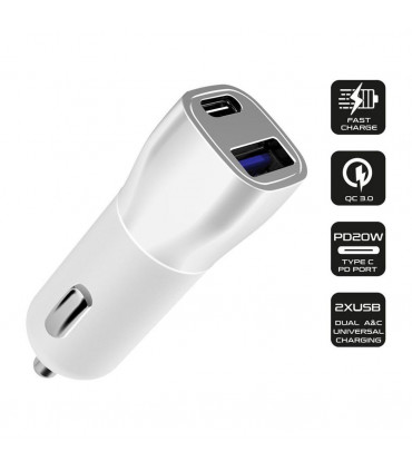 FX Mains Charger Dual USB, USB-A PD20W + USB-A QC3.0 Fast Charger - White