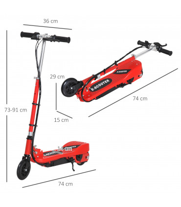 Kids Electric Scooter Folding Red 74Lx36Wx73-91H 50kg Steel PP 12km/h 8HRS