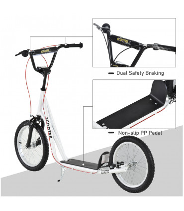 HOMCOM 90-96cm Kids Kick Scooter Adjustable Handlebar Inflatable Wheels White