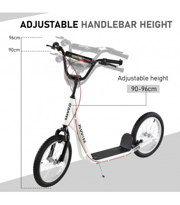 HOMCOM 90-96cm Kids Kick Scooter Adjustable Handlebar Inflatable Wheels White